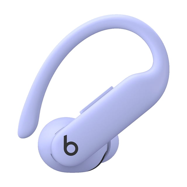 Beats Powerbeats Pro 2 high-performance earbuds in hyper purple, close-up front view of a single wireless earbud with flexible secure-fit earhook and black Beats logo, designed for athletic use with noise-cancelling and heart rate monitoring features.