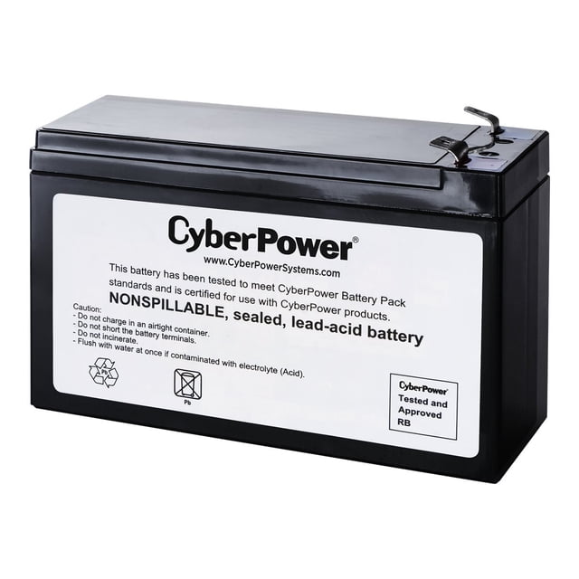 CyberPower RB1280A Cartouche de Batterie de Remplacement 12V 8AH UPS, une Batterie au Plomb-Acide Scellée Sans Entretien avec une Capacité de 9 Ah. la Batterie Rectangulaire Noire Présente une Conception Non Rechargeable et Est Préassemblée pour une installation Facile dans les Systèmes CyberPower UPS. l'Étiquette Affiche les Détails du Produit et des instructions de Sécurité.
