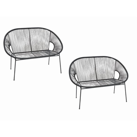 Canapé 2 places Juju en noir, canapé 2 places en fil de fer, canapé 2 places en plastique, canapé 2 places de plage, canapé 2 places intérieur-extérieur, tissage, rotin, résistance aux intempéries, Ac