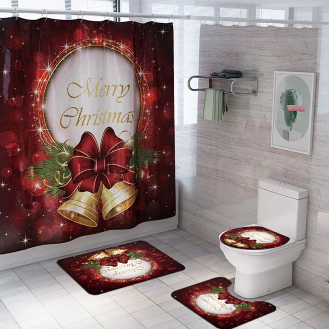 4PCS Christmas Shower Curtain Set with 12 Hooks Christmas Shower Curtain Sets for Bathroom Non-Slip Rug Toilet Lid Cover and Bath Mat Snowman Shower Curtains