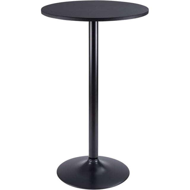 Homall Bistro Pub Table Round Bar Height Cocktail Table with a 23.8-inch MDF top and a 39.5-inch height. Features a sleek black metal base and a round obsidian tabletop. Ideal for bars, restaurants, living rooms, or lounges. The table has a 17.9-inch base diameter for stability and non-scratch plastic feet to protect floors.