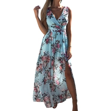HAWEE Women's V-Neck Casual Dress Summer Backless Floral Print Sleeveless Maxi Dress for Beach Party