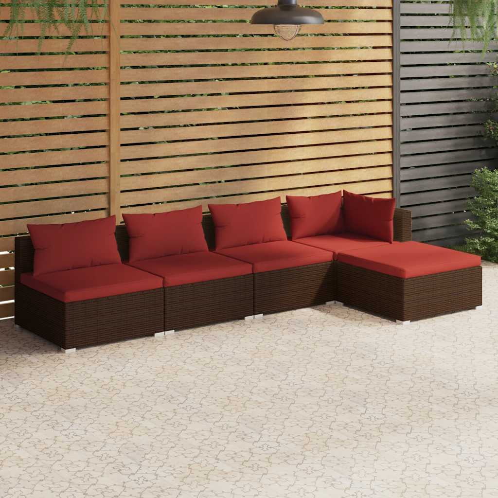 vidaXL 5 Piece Garden Lounge Set with Cushions Poly Rattan Brown