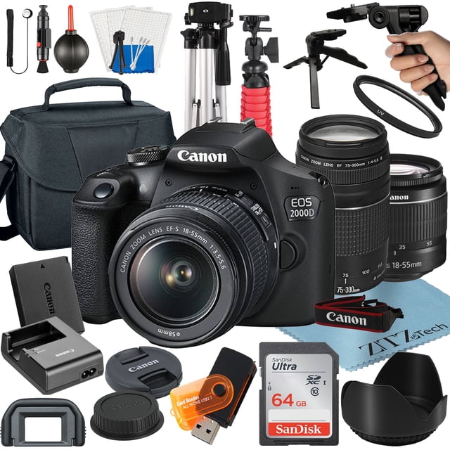 Canon EOS 2000D / Rebel T7 DSLR Camera Bundle with 18-55mm + 75-300mm Lens + 64GB SanDisk Card + Case + Tripod + ZeeTech Accessory