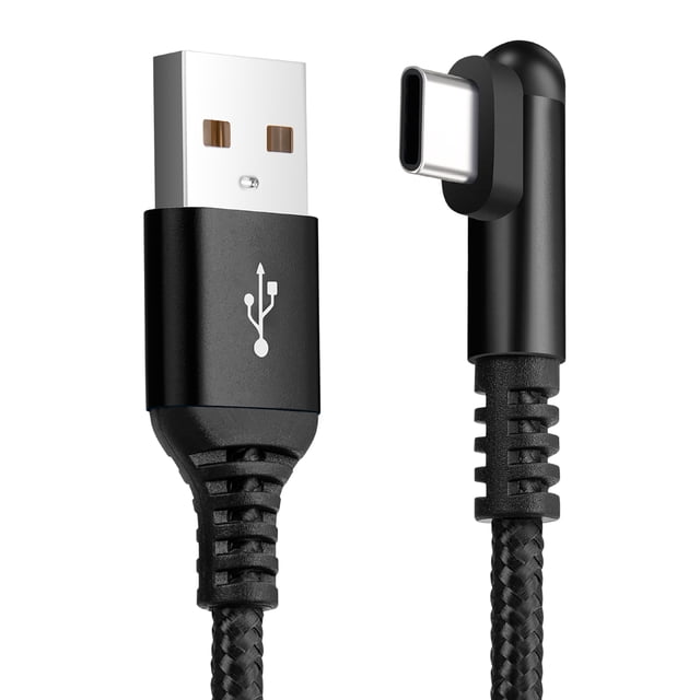 USB C Cable 5FT Right Angle by ROFAY, featuring a 90-degree L-shaped design for convenient use while charging. This black, 3.1A fast-charging USB Type C cable supports data transfer speeds up to 480Mbps and is compatible with iPhone 16 Pro Max, 15 Plus, Galaxy S25 Ultra, S24, iPad Pro, and MacBook Air. The cable is made with durable double-braided nylon and enhanced with laser welding technology for long-lasting use. Shown are the USB-A and right-angle USB-C connectors with a braided cable.