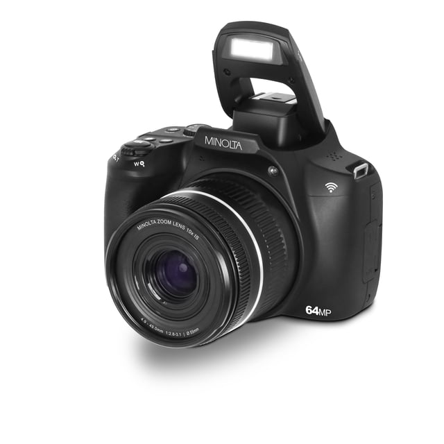 Minolta 64 Mega Pixels Auto Focus Digital Camera with 10x Optical Zoom, 4K Ultra HD Video and Macro Shooting, Black. The camera features a 10x optical zoom lens with a focal length range of 29.4mm to 294.00mm and an aperture range of F/2.8 to F/3.1. It includes a 3.0-inch articulating IPS LCD screen, electronic shutter, and digital image stabilization. The camera supports 4K UHD video recording at 24 FPS and still image resolution of 64 megapixels. Additional features include WiFi connectivity, face detection, time-lapse, and ISO 3200. Accessories such as a carrying pouch, neck strap, lens cap, USB cable, AC adaptor, and a 32GB SD memory card are included. The black camera is shown with its lens and pop-up flash extended.