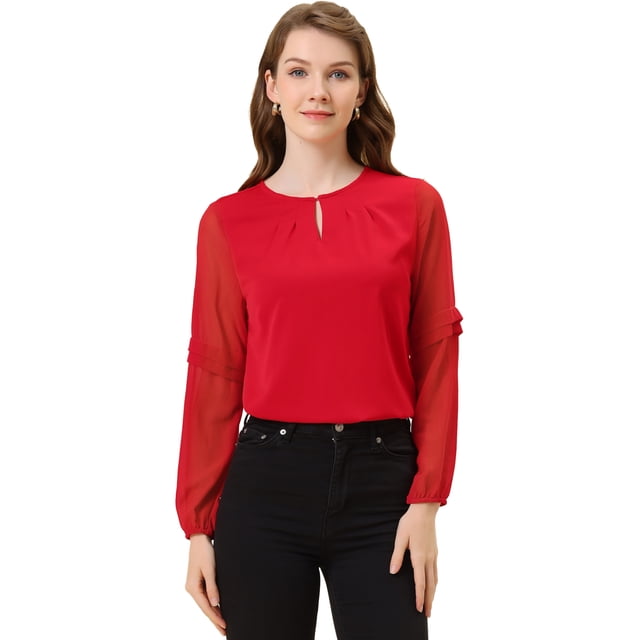 INSPIRE CHIC Women's Work Chiffon Keyhole Neck Elegant Top Red L