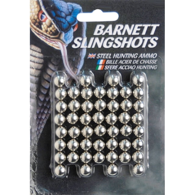 Barnett Slingshot AMMO .38 Cal Approx showing a blister pack of 49 polished steel hunting pellets arranged in a 7 by 7 grid on black backing with a detailed snake graphic and multilingual text describing steel hunting ammo.