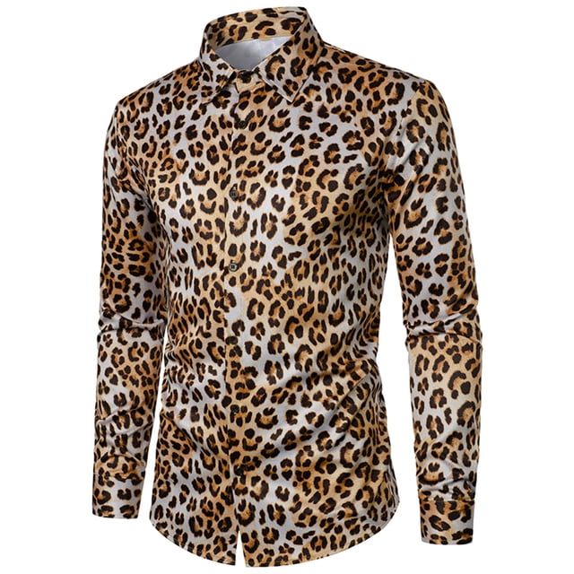 TIMIFIS Men's Dress Shirts Long Sleeve Leopard Button Up Shirts Party Prom Wedding Shirt-KhakiFall