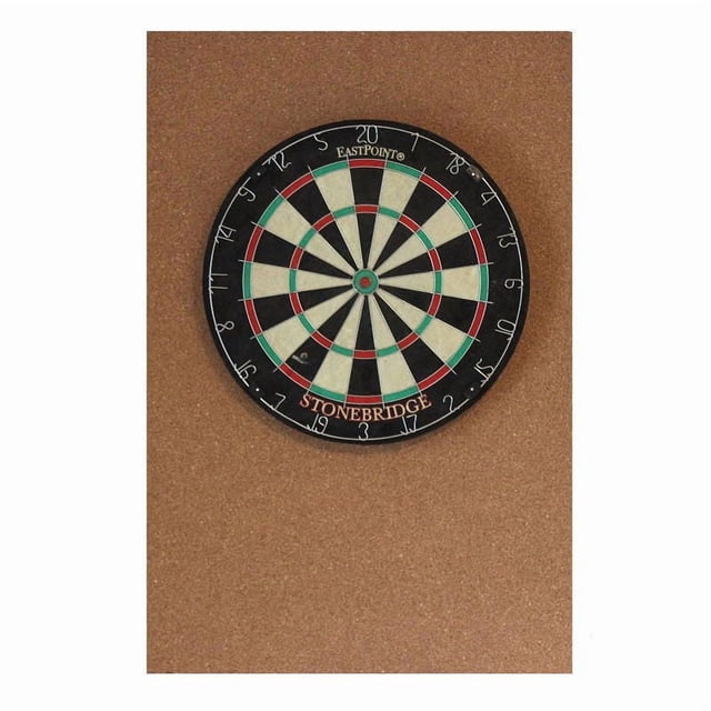 Jelinek Cork Dartboard Backer, a 24 by 36 inch high-density cork panel with 1-inch thickness, shown with a mounted round dartboard featuring black, white, red, and green segments. It protects walls from stray darts and dart tips from damage, suitable for game rooms and darts equipment.