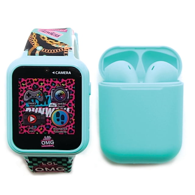 OMG Touch Screen Interactive Watch with Bonus Earbuds in turquoise plastic case and patterned silicone strap displaying icons for games, camera, video, and pedometer. Includes matching turquoise wireless earbuds in an open charging case, suitable for Bluetooth devices.