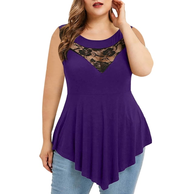 Timegard Womens Plus Size Tank Tops Lace Round Neck Irregularly Bottom Loose Tunic Tops Comfy Casual