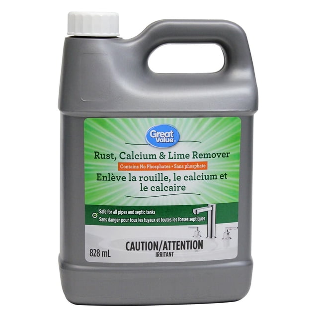 Great Value Dissolvant de Rouille, de Calcium et de Chaux en Pichet en Plastique Gris de 828 ml avec Bouchon à Vis Blanc, Étiqueté Sans Phosphate et Sécuritaire pour les Fosses Septiques, Formulé pour le Nettoyage Domestique pour Enlever les Dépôts de Rouille, de Calcium et de Chaux.