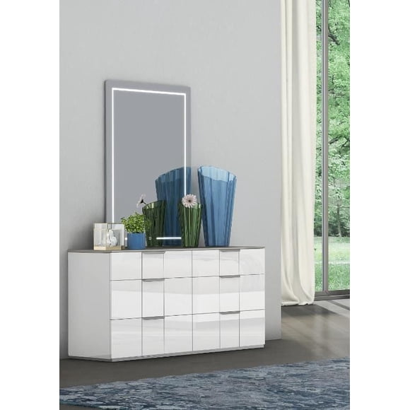 HARVEY DRESSER IN 2 TONE GLOSS WHITE WITH FLANNEL GREY AND MIRROR WITH LED LIGHTS