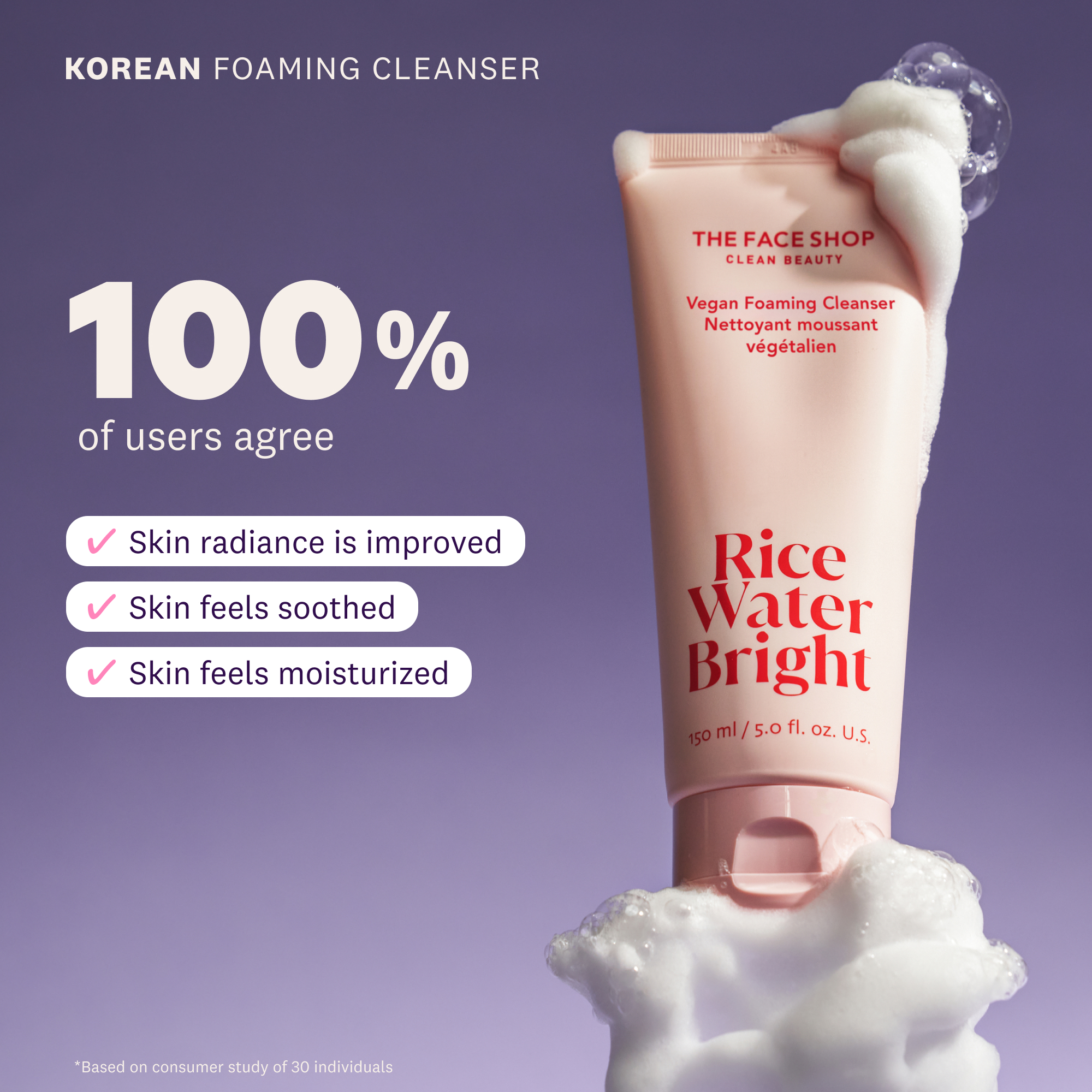 THE FACE SHOP Rice Water Bright Vegan Foaming Cleanser with Ceramide, Sulfate-Free, Clean, Korean Skin Care, 150 ml