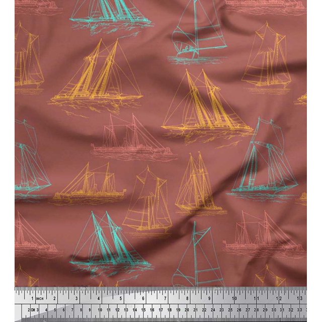 Soimoi Moss Georgette Fabric Ship Ocean Printed Fabric 1 Yard 42 Inch Wide