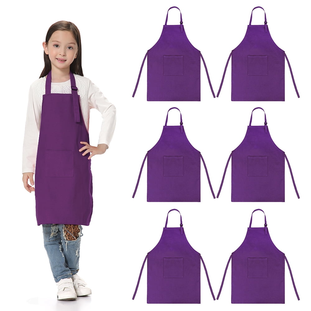 TOPTIE 6 Pack Kids Aprons with Pocket & Adjustable Strap, Child Chef Bib Apron for Kitchen Cooking Baking Painting-Purple-M
