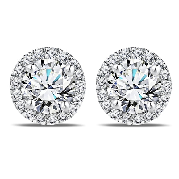 JeenMata 1 Carat Round Brilliant Cut Lab Grown Diamond Halo Stud Earrings in 18K White Gold Plating for Women