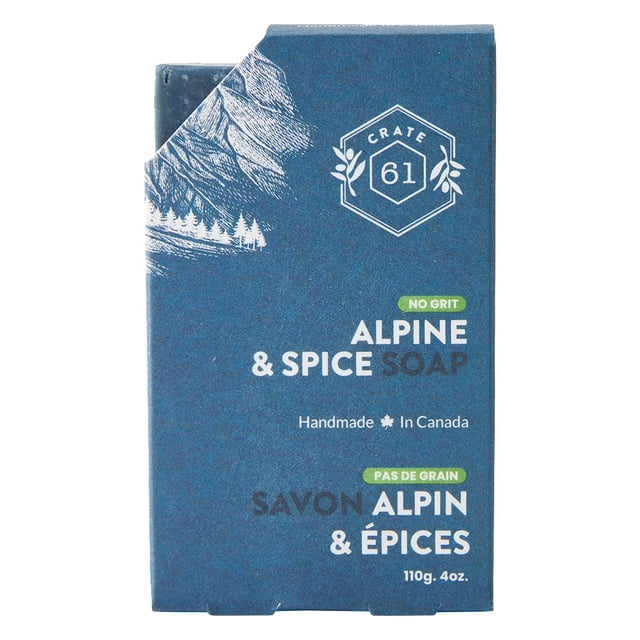 Alpine & Spice Natural Bar Soap 110g in blue rectangular box with white and green text, featuring Crate 61 logo and mountain illustration, labeled handmade in Canada with bilingual English and French text indicating no grit and 110g weight.