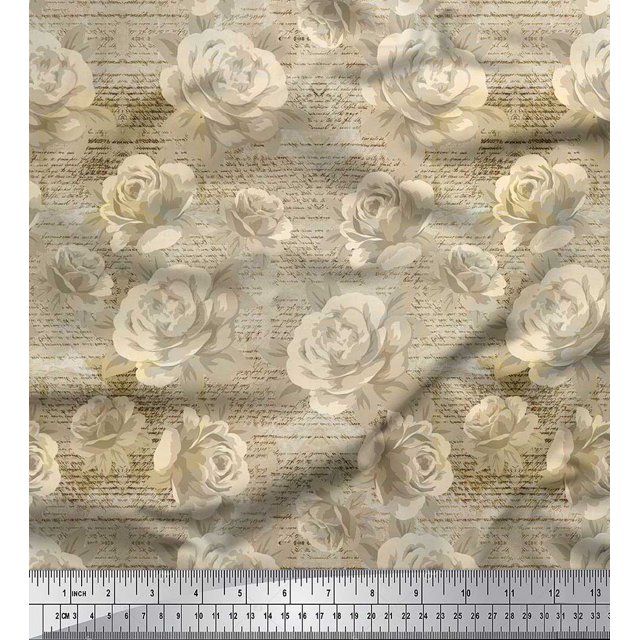 Soimoi Cotton Duck Fabric Text,Leaves & Rose Flower Decor Fabric Printed Yard 42 Inch Wide