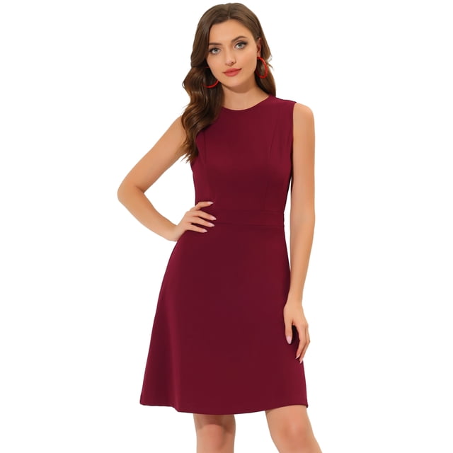 INSPIRE CHIC Robe Midi Évasée Sans Manches de Travail pour Femme, Couleur Unie, Ligne A, Bourgogne m