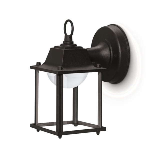 PHILIPS 11W Integrated LED Outdoor Wall Lamp with a matte black square lantern frame and clear glass panels, mounted on a round wall plate, offering weather-resistant bright white LED lighting suitable for outdoor wall and porch use.