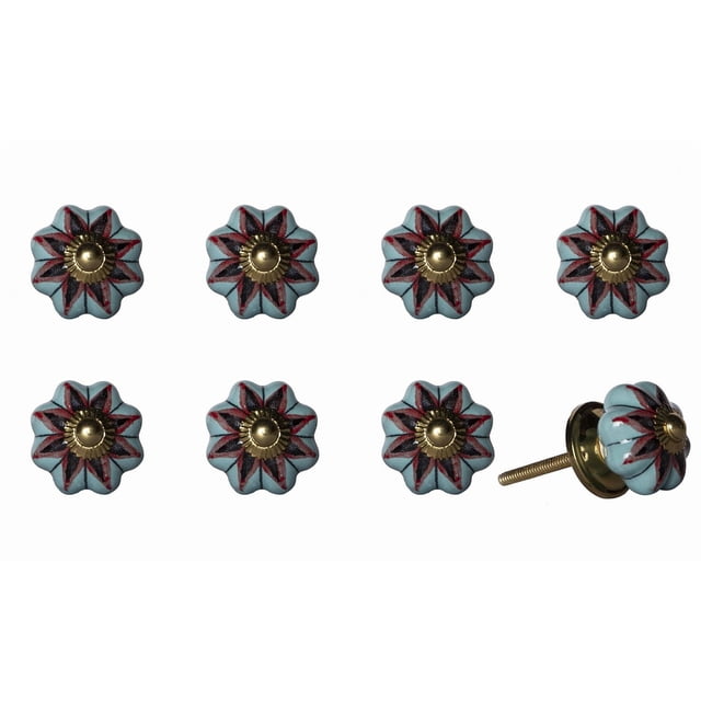 KNOB-IT vintage handpainted ceramic knobs 8 pack featuring flower-shaped light blue ceramic knobs with red and black painted accents and brass-coloured metal centres, each with a 1.25-inch bolt that can be trimmed, ideal for cabinets, drawers, and cupboards, one knob shown from side angle with threaded bolt and nut hardware for easy installation.