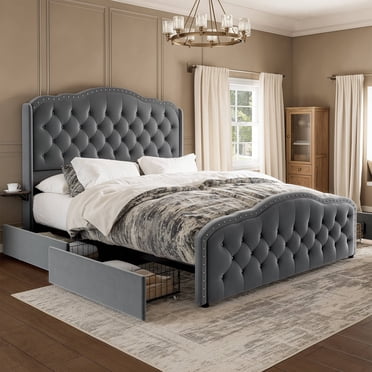 GUNAITO Full Size Bed Frame with 4 Storage Drawers, Velvet Upholestered Platform Bed with Wingback Buttons Headboard and Bedside Storage Board, Grey