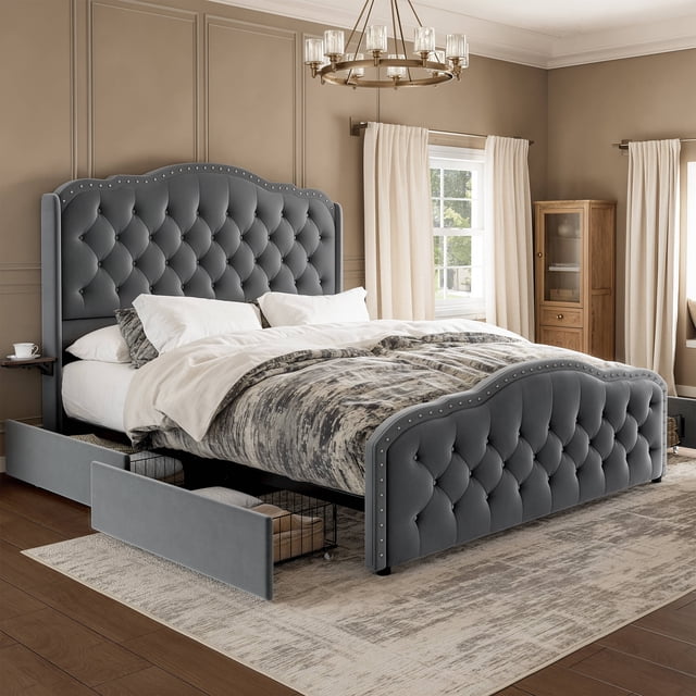 GUNAITO Cadre de Lit Format Grand avec 4 Tiroirs de Rangement, Lit Plateforme Rembourré en Velours avec Tête de Lit à Boutons Style Aile et Tablette de Rangement de Chevet, Gris