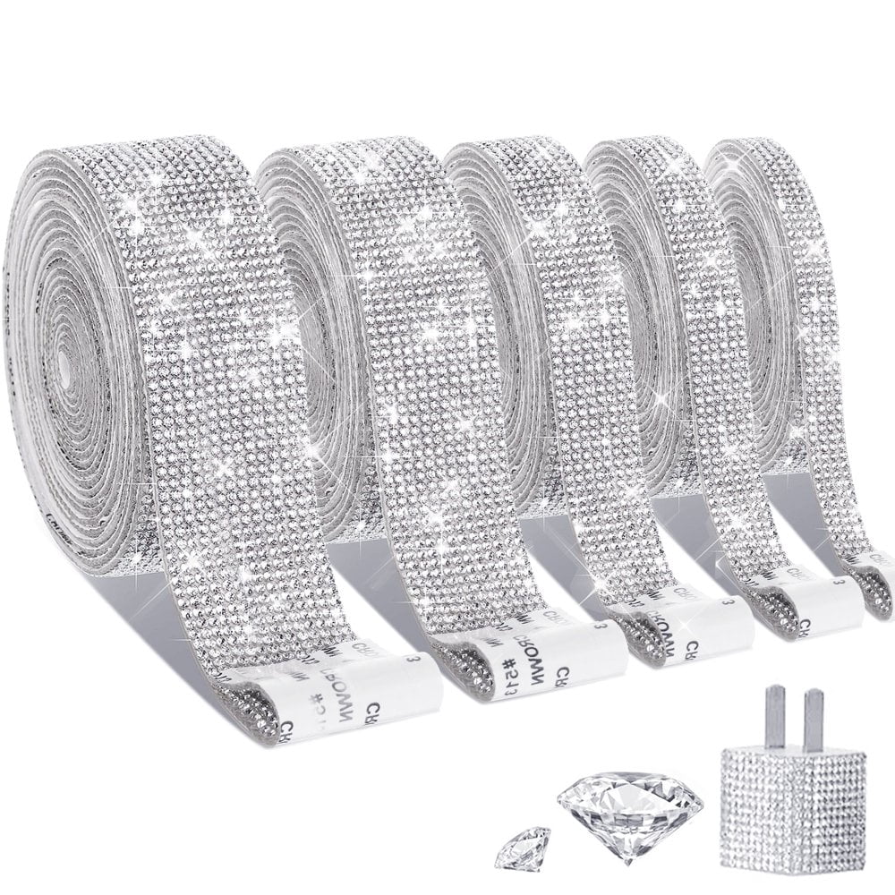 LNGOOR 5 Rolls Super Self Adhesive Art & Craft Tape with 2 mm Rhinestones Strips Sticker(Silver)