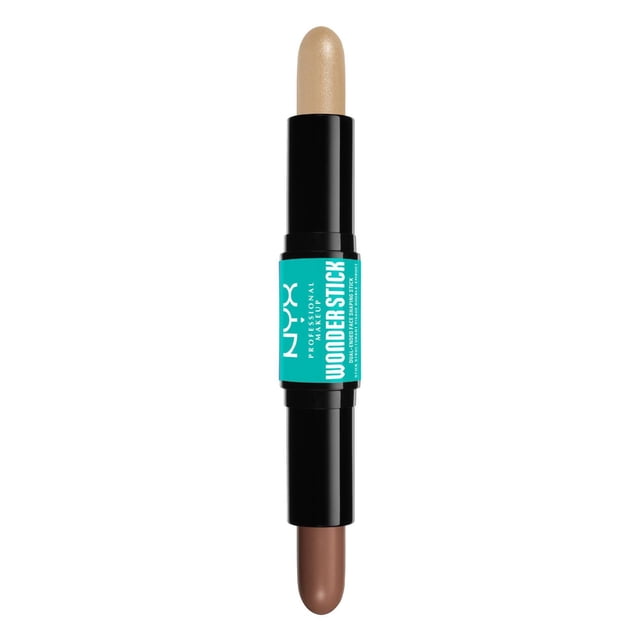 NYX PROFESSIONAL MAKEUP Wonder Stick dual-ended contour and highlight stick in DEEP shade, featuring a creamy light beige highlighter and a darker brown contour in a black tube with turquoise label, designed for sculpting and brightening facial features with a vegan, cruelty-free formula.