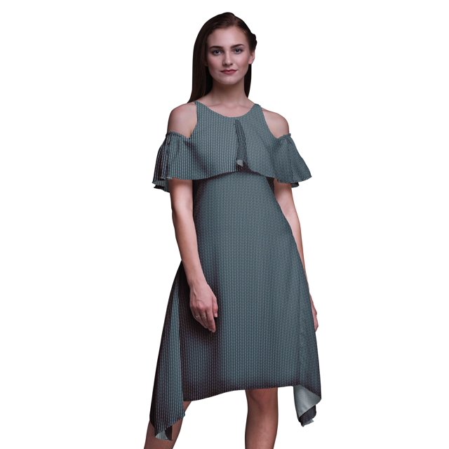 Bimba Blue Leaves Printed Womens Cold Shoulder Tunic Party Round Neck Shift Dress - Small
