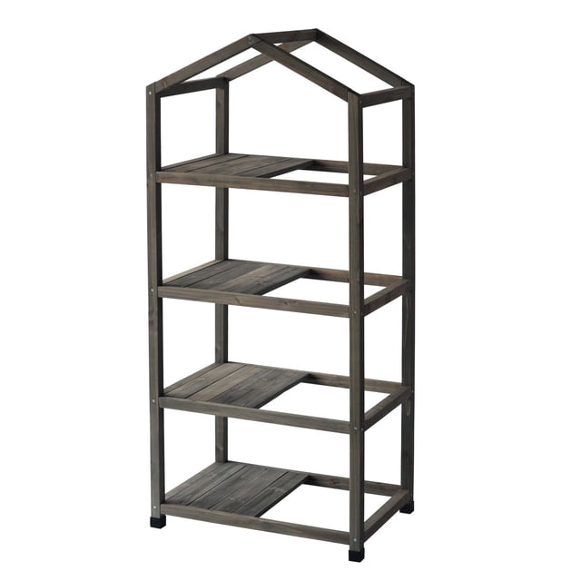 VegTrug 4-Tier Cedar Greenhouse in grey with a house-shaped cedar wood frame and four adjustable slatted shelves, featuring plastic feet covers and stainless-steel hardware, designed for indoor and outdoor gardening with customizable shelf layout.