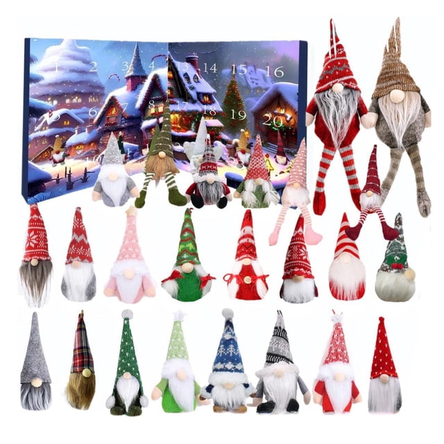 gnomes Advent Calendar Gnome 2024 Présentant 24 de Collection Uniques avec des Chapeaux Colorés et des Barbes Duveteuses, Exposés devant une Toile de Fond festive à Thème de Noël. le Calendrier Comprend des Compartiments Numérotés pour un Compte à Rebours Quotidien avant Noël, Chaque Gnome Conçu pour Être Suspendu comme Décorations. Idéal pour Ajouter de l'Ambiance des Fêtes aux Manteaux de Foyer, aux Bibliothèques Ou aux Arbres de Noël, Ce Calendrier de l'Avent Est une Façon Amusante et interactive de Célébrer la Saison.