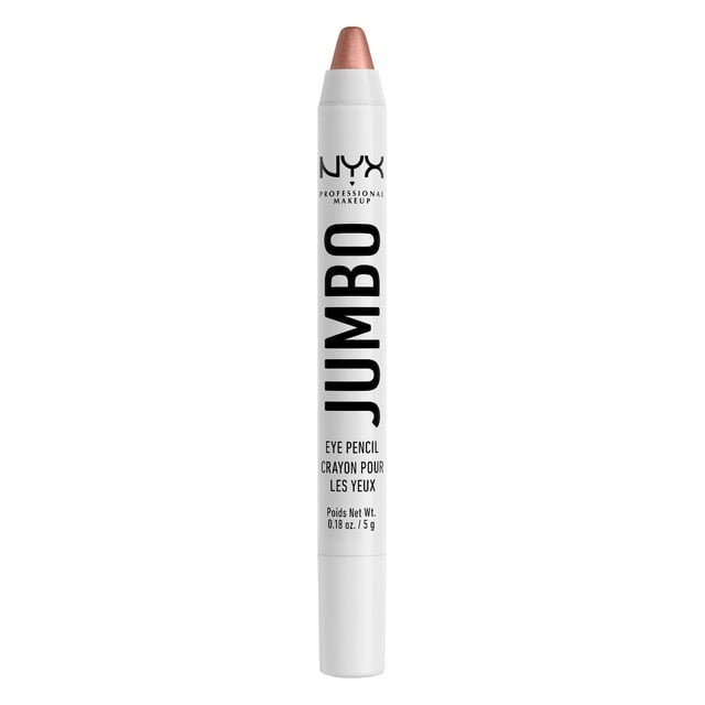 NYX Professional Makeup Jumbo Eye Pencil in Iced Latte, a sharpenable creamy eye pencil in a white jumbo stick with black lettering, offering smooth, pigmented color ideal for eyeliner, eyeshadow, or primer for enhanced eye makeup looks.
