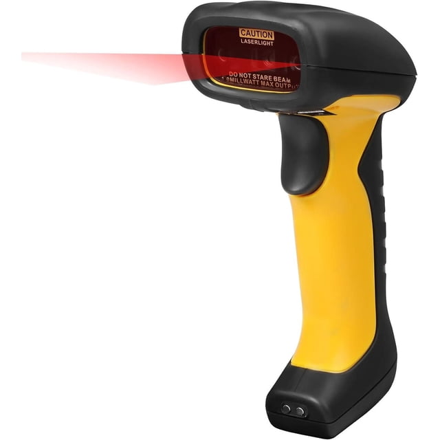 Adesso NUSCAN 4100B Bluetooth Antimicrobial Waterproof CCD Barcode Scanner with yellow and black ergonomic handle and black scanning head emitting a red laser beam, IP67 waterproof rated and antimicrobial, designed for industrial barcode scanning up to 30 feet.