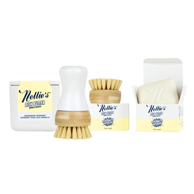 Nellie’s Dish Butter Bundle featuring a white ceramic container filled with semi-solid dish butter, two refill dish butters, a bamboo Forever Brush with biodegradable bristles, and a replacement brush head. The dish butter is a zero-waste alternative to liquid dish soap, ideal for use with sponges or dishcloths.