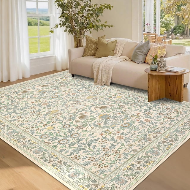 Garvee 9'x12' Floral Animal Print Area Rug Washable Rugs, Low Pile Stain Resistant Rug Botanical Bird Soft Carpet for Living Room Bedroom Dining Room, Beige
