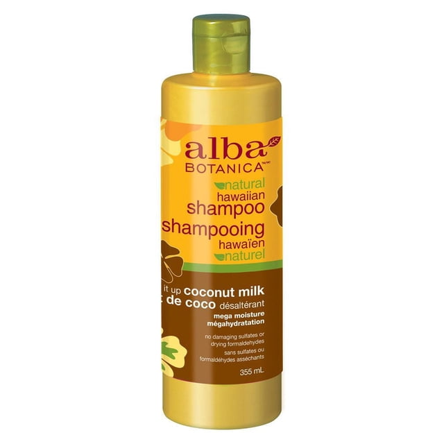 Alba Botanica Drink It Up Coconut Milk Shampoo in a 355 mL yellow and brown bottle with green flip cap, featuring natural Hawaiian ingredients and a mega moisture formula free of sulfates and formaldehydes for gentle cleansing and hydration of dry hair.