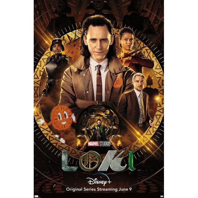 Marvel Loki - Affiche Murale sur une Feuille, 14,725 Po x 22,375 Po Encadrée Présentant une Vue Centrée de Loki Vêtu d'Une Veste Brune et d'Une Cravate Rayée, Entourée de Personnages de costumes Périodiques et Futuristes dans un Cadre Circulaire Doré avec des Symboles Mystiques, Y Compris le logo des Marvel Studios et l'Annonce de Diffusion Disney+.