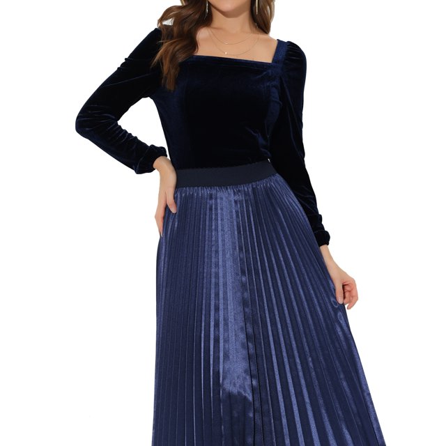 INSPIRE CHIC Women's Velvet Square Neck Long Sleeve Blouses L Deep Blue