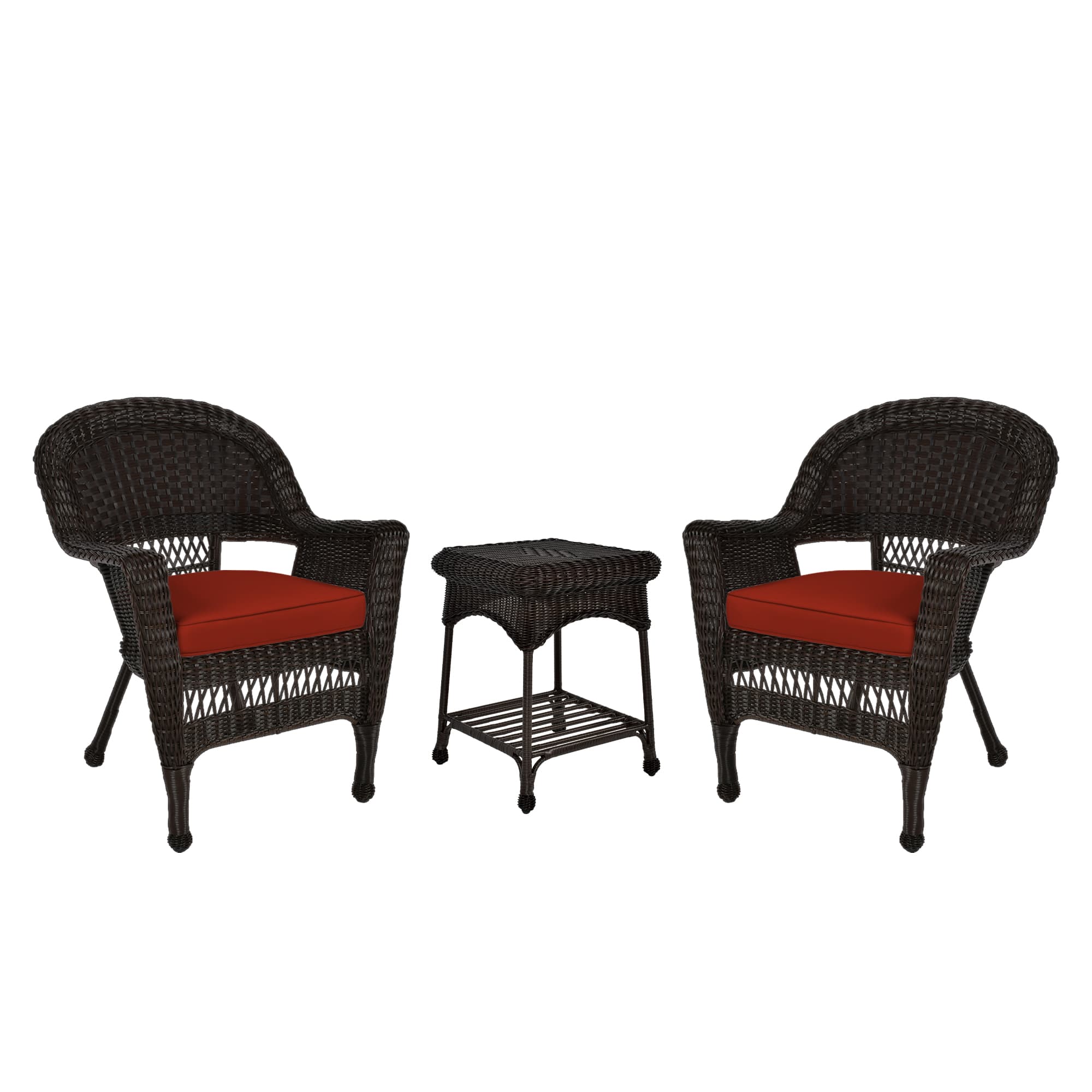 Jeco 3 Piece Wicker Conversation Set in Espresso with Red Cushions