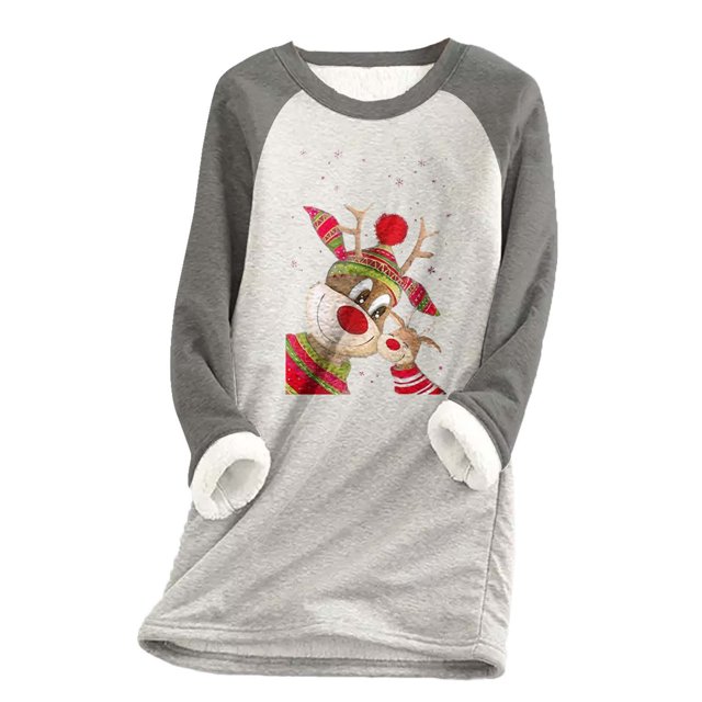 Vêtements d'Automne pour Femmes Col Rond Imprimé de Noël Patchwork Léopard Velours Chaud Manches Longues Hauts Tenues pour Filles en Solde