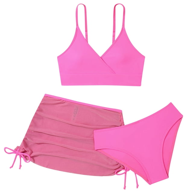 MIASHUI Kids Swimsuit Girls 3 Piece Bathing Suit Bikini Set with Ruched Cover Up Skirt,Pink,9-10 Years