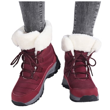 Pandaie Bottes d'Hiver pour Femmes, Imperméables, à Lacets, Mi-Mollet, Doublées en Peluche, Bottines Courtes Antidérapantes de Style Combat pour Dames, Rouges, 9
