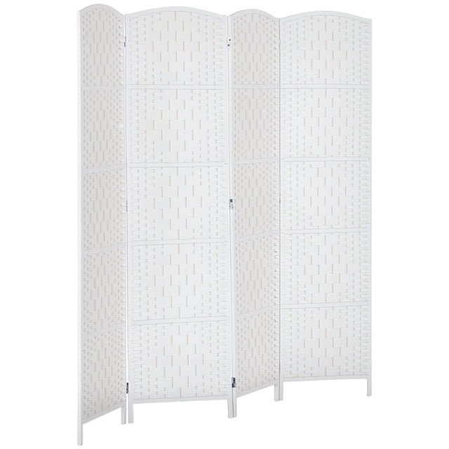 HOMCOM Paravent Pliant à 4 Panneaux pour l'Intimité et la Déco de la Maison, avec un design en Papier Osier Tressé Blanc et un Cadre en Bois de Peuplier Massif. les Panneaux Sont Reliés par des Charnières Double Direction pour des angles Ajustables, Offrant une solution Élégante et Fonctionnelle pour Créer des Espaces Privés Ou Diviser des Pièces. Dimensions : 70,9 Pouces de Large par 70,9 Pouces de Haut.