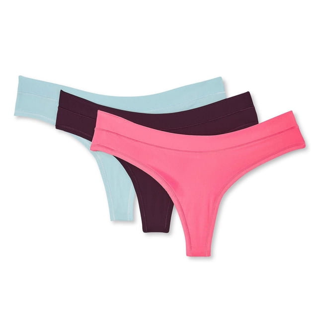 George Women's Microfibre Thongs 3-Pack includes three assorted thongs in pink, dark purple, and light blue. Made from stretchy microfibre with elasticized waistbands and classic thong cut, they provide a flat, seamless fit ideal for everyday breathable comfort.