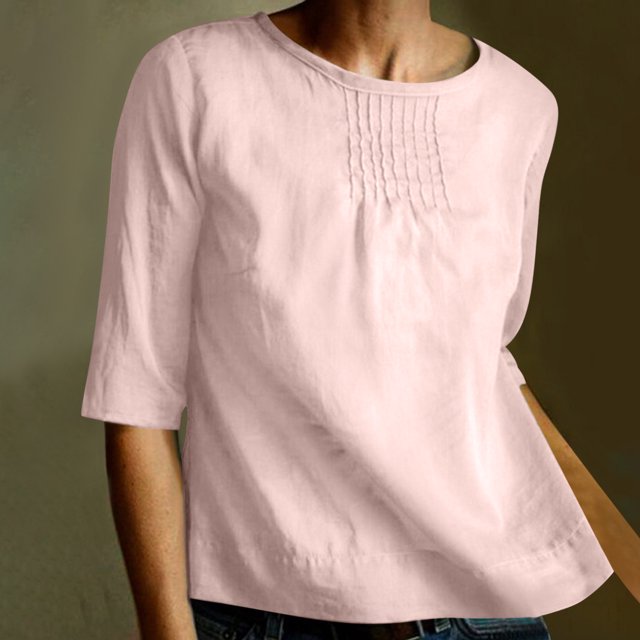 EQWLJWE Chemise en Coton et Lin pour Femmes, Couleur Unie, Col Rond, Manches Mi-Longues