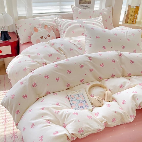 Nayoroom 3 Pieces Cartoon Pink Bowknot Pattern on White Queen Duvet Cover Set Boys Girls Teens Gentle Soft Home Cozy and Breathable Bedding Set