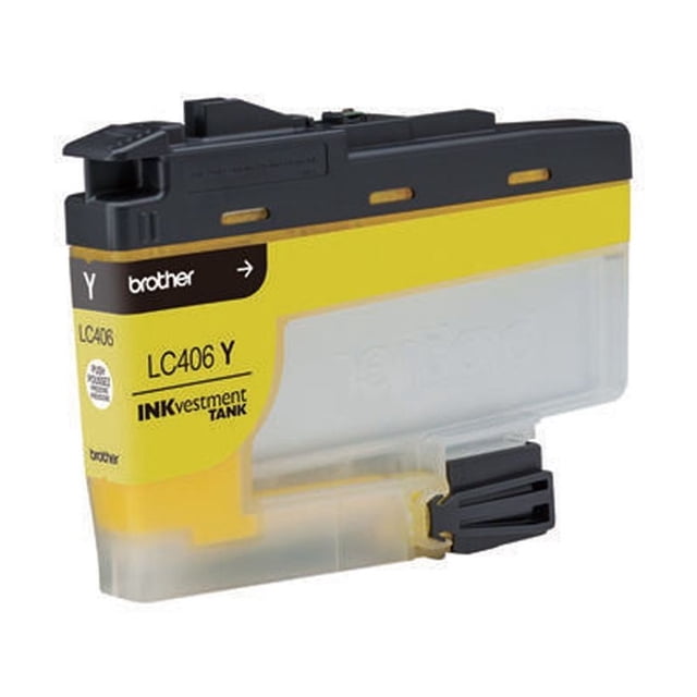 Brother Cartouche d'Encre Jaune Authentique LC406YS à Rendement Standard avec Dessus Noir et Corps Jaune Translucide, Conçue pour les Imprimantes à Réservoir Brother INKvestment, Offrant une Sortie d'Encre Couleur Fiable et un Étiquetage de Modèle Clair sur le Panneau Jaune.